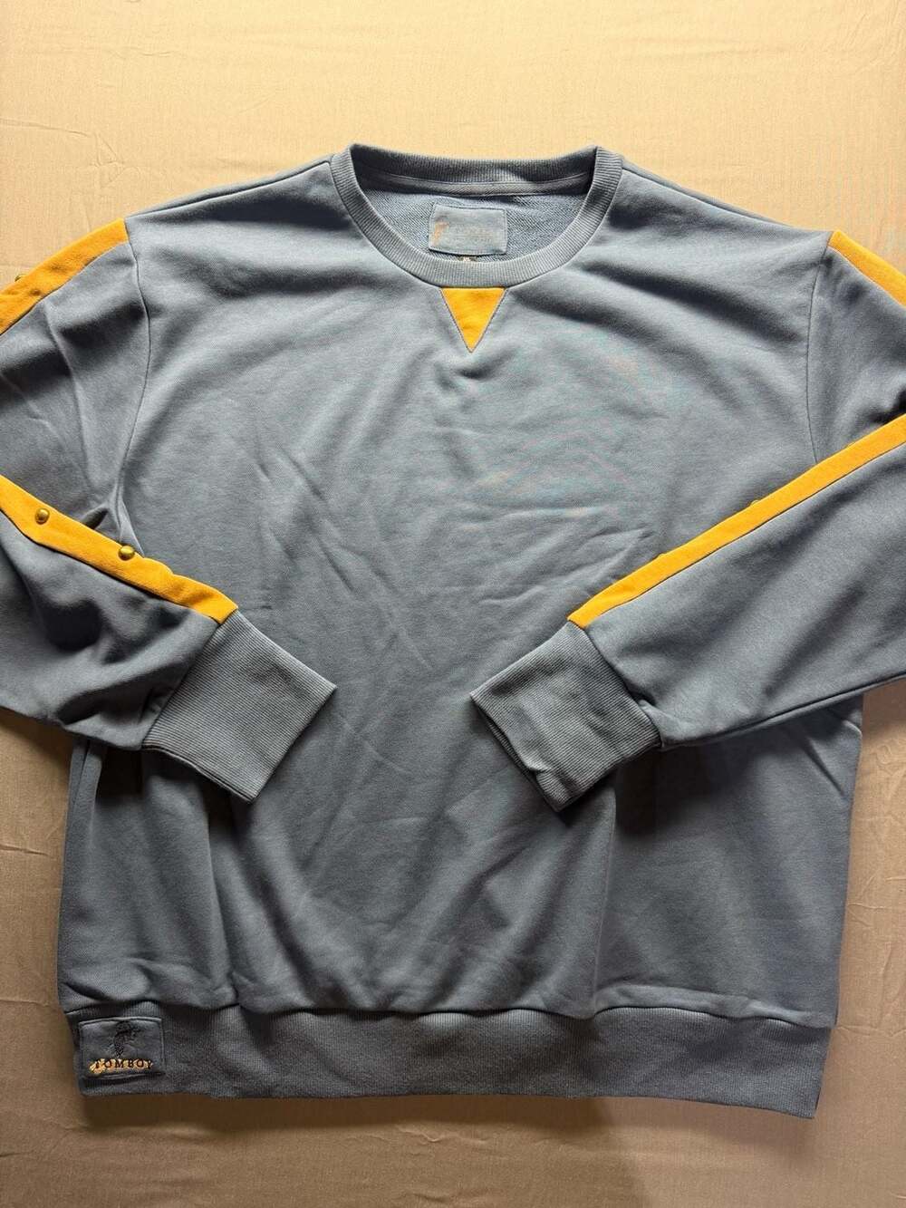 Tomboy Design Blue Crewneck Sweatshirt with Yellow Side Stripes and Studs